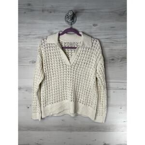 LOFT Sweater Womens Medium White Open Knit Eyelet Collared V-Neck Pullover‎